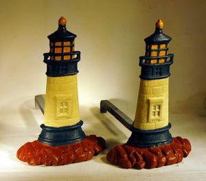 Pair antique cast iron fireplace andirons LIGHTHOUSE.