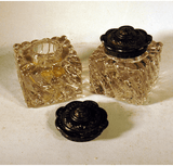 Pair antique glass inkwells with original tops.