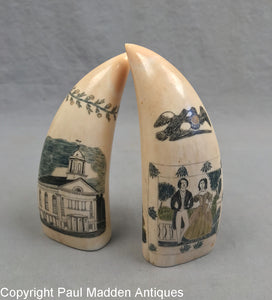 Pair Antique Polychrome Scrimshaw Teeth