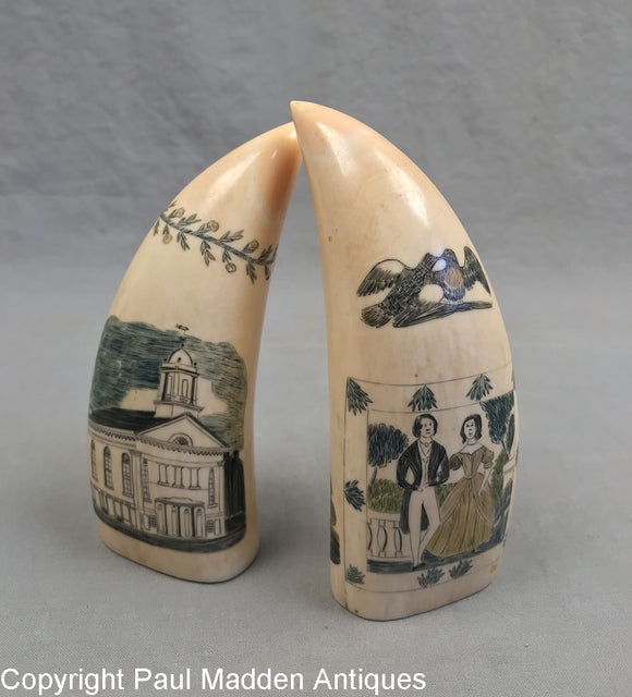 Pair Antique Polychrome Scrimshaw Teeth