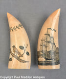 Pair Antique Polychrome Scrimshaw Teeth