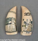 Pair Antique Polychrome Scrimshaw Teeth