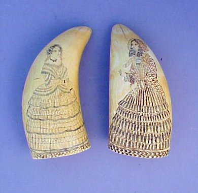 Pair antique scrimshaw sperm whale's teeth with fashion ladies