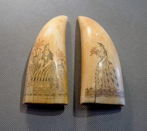 Pair Antique Sperm Whale Teeth Fashion Ladies Scrimshaw