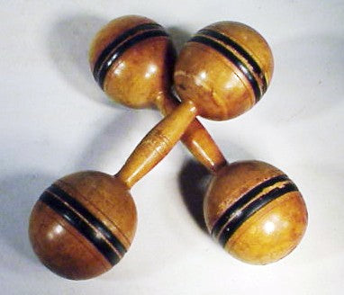 Pair antique turned wooden bar bells from Nantucket