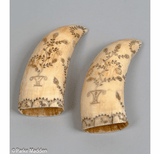 Pair of Antique Scrimshaw Teeth with Floral Designs