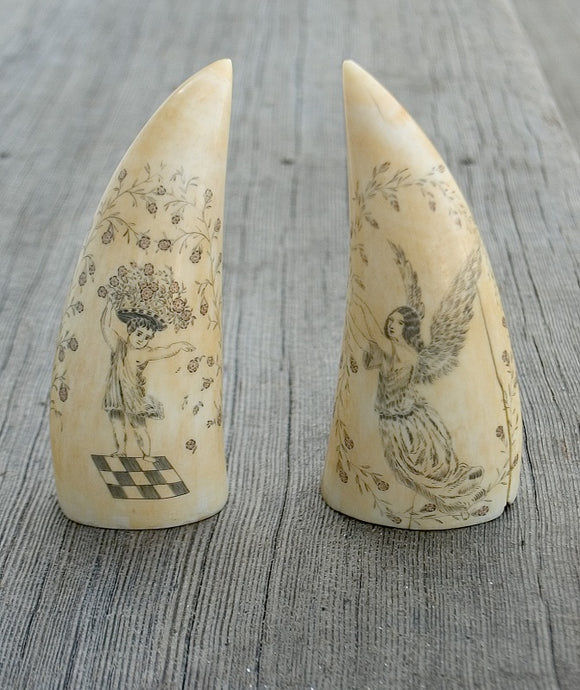 Pair of Antique Sperm Whale Teeth Scrimshaw Cherub & Angel