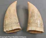 Pair of Antique Sperm Whale Teeth with British Ships