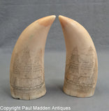 Pair of Antique Sperm Whale Teeth with British Ships