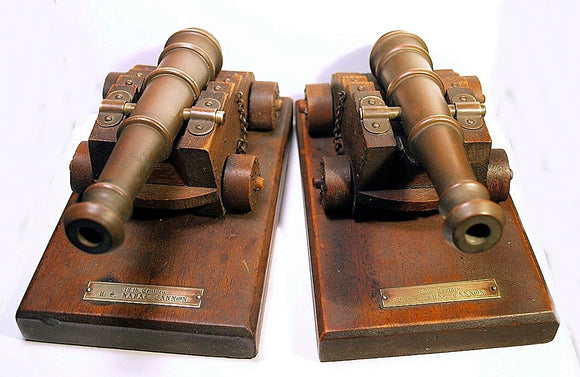Pair of old BOOKENDS with models of NAVAL CANNON