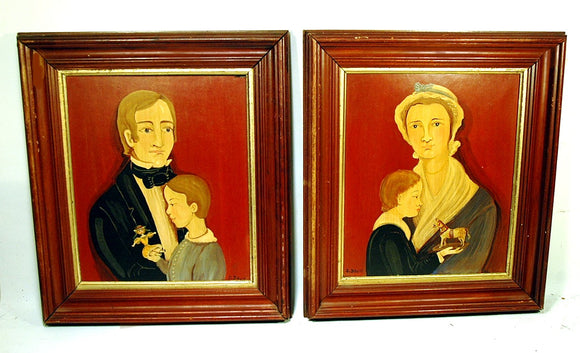 Pair vintage folk art portraits by D.Davis