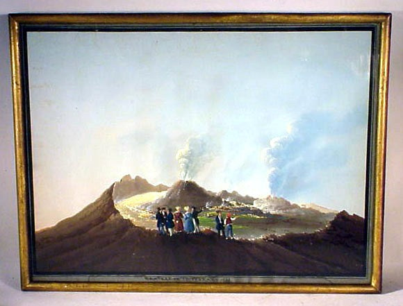 Rare antique gouache painting of Mt Vesuvius 1838