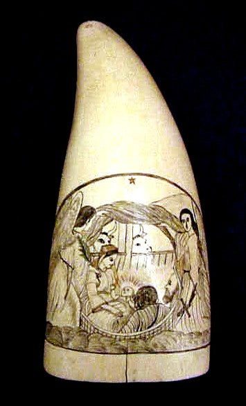 Rare antique scrimshaw tooth with Nativity