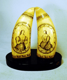 Rare pair of antique American scrimshaw teeth BANKNOTE ENGRAVER