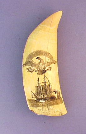 Superb antique scrimshaw tooth with lships and patriotic Eagle