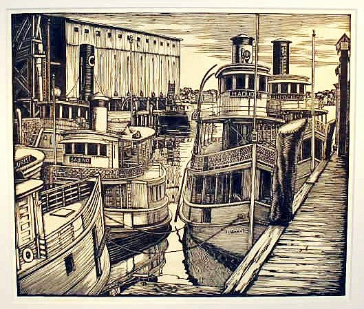Superb lino-cut block print by Ralph Frizzell, Portland, Maine