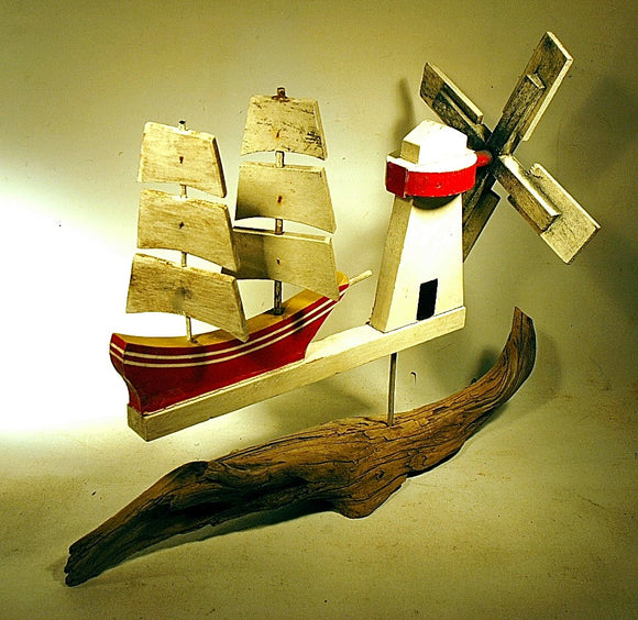Vintage Cape Cod SAILSHIP & LIGHTHOUSE whirligig
