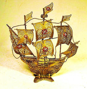 Vintage gilded silver filagree wire ship model