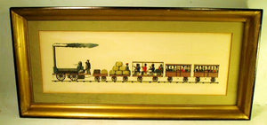 Vintage print of antique locomotive and cars