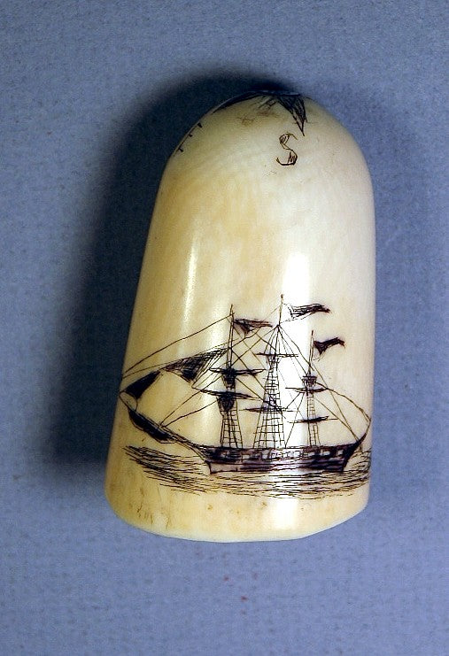 Vintage scrimshaw tusk tip SHIP design