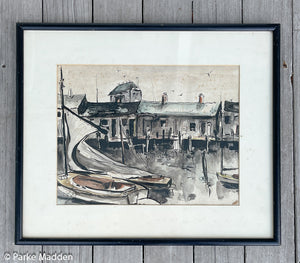 Vintage Watercolor of Nantucket Wharf and Boats by Brock 1965