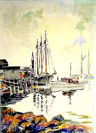 Watercolor on board of harbor by Clark